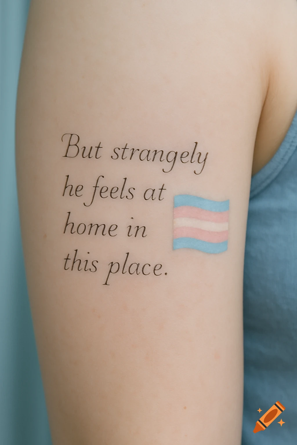 Close-up of an arm with a tattoo that reads 'But strangely he feels at home in this place' next to a transgender flag.