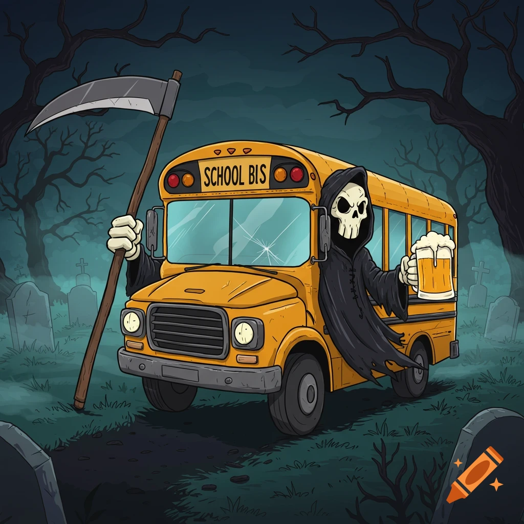 Cartoon grim reaper school bus in a spooky graveyard holds a scythe and beer, with 'SCHOOL BIS' on its sign.