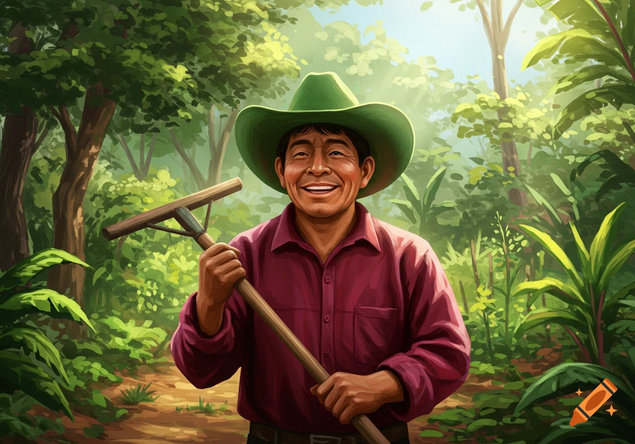 A happy Guatemalan man in a red shirt and green cowboy hat holds a rake in a lush jungle, illustration style.