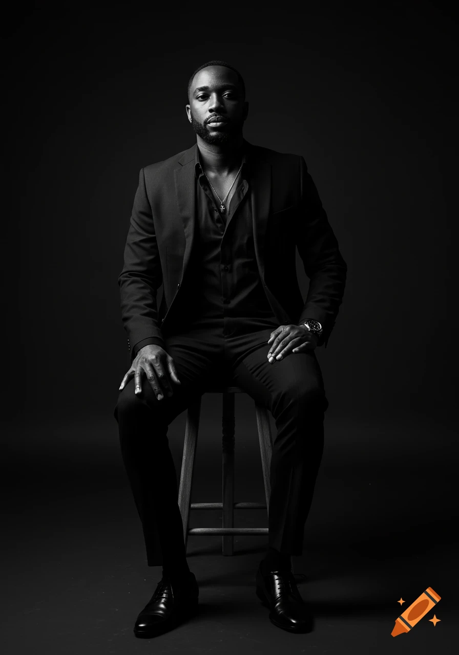 A dramatic black and white portrait of a confident man in a black suit, sitting on a stool in a dark studio.