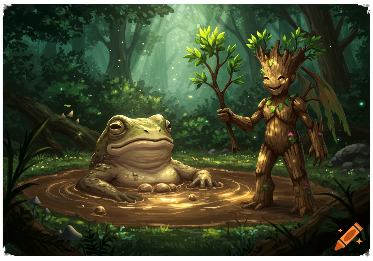 A friendly tree creature stands next to a large toad-like creature relaxing in a mud puddle in a magical forest, rendered in a detailed fantasy art style.