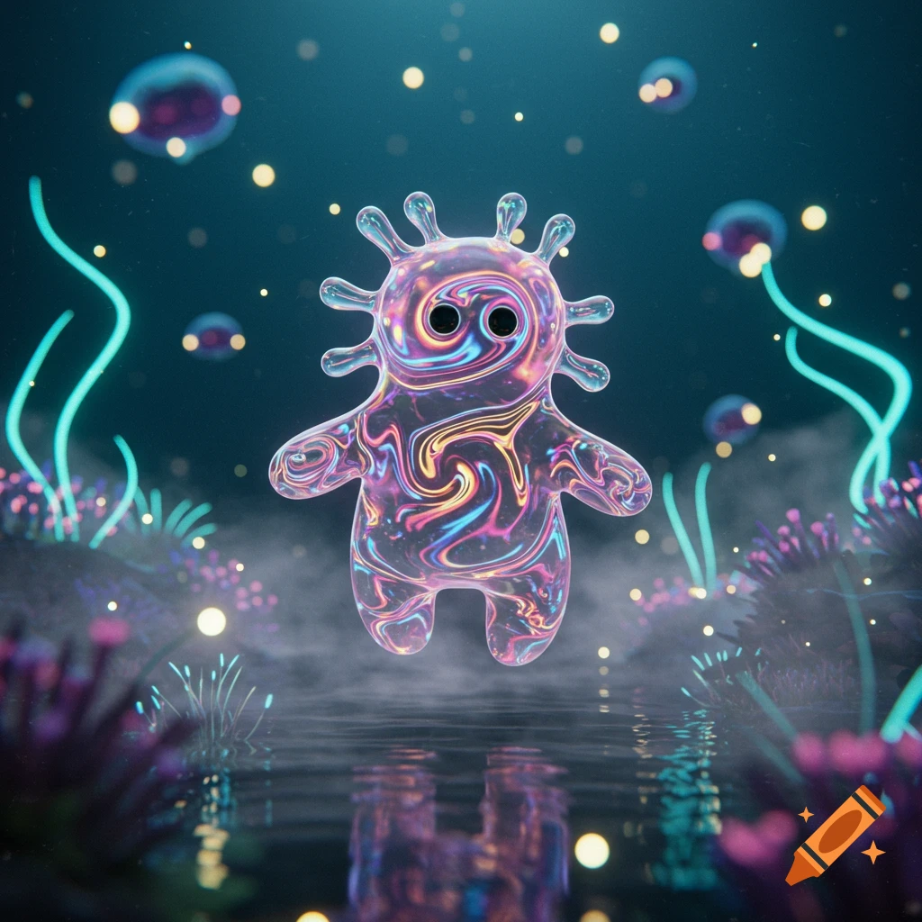 A vibrant, iridescent, transparent creature with multiple protrusions on its head stands in a misty, dark water environment with glowing plants.