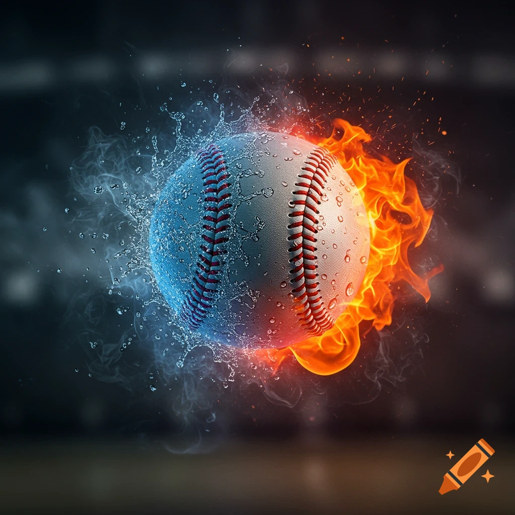 A baseball split down the middle, with one half covered in splashing water and the other half engulfed in bright orange flames against a dark background.