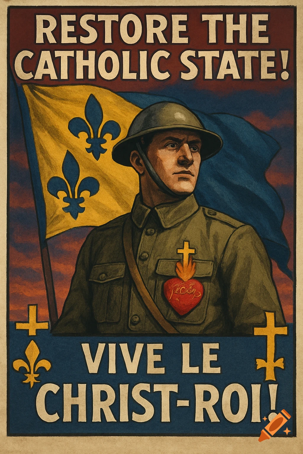 Vintage propaganda poster depicting a soldier in uniform with a Sacred Heart patch, standing before a fleur-de-lis flag. Text reads "RESTORE THE CATHOLIC STATE! VIVE LE CHRIST-ROI!".