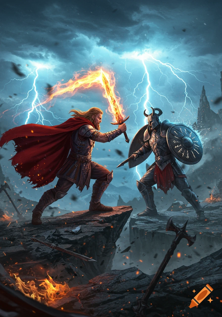 Two warriors, one with a flaming sword and red cape, the other in horned armor with a shield, battling amidst lightning and fire in a rocky landscape.