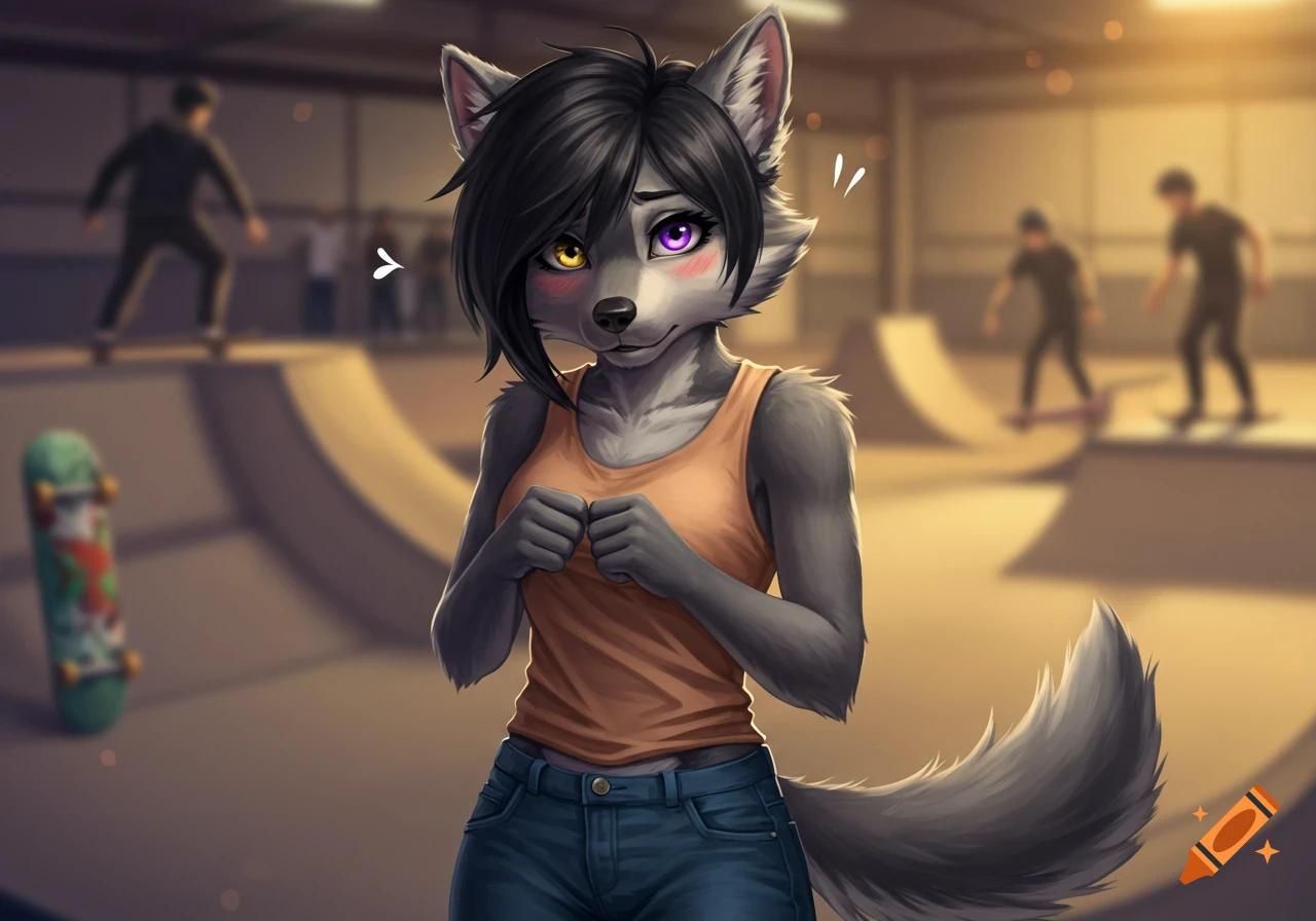 A shy anthropomorphic gray wolf with heterochromatic eyes in an orange tank top and jeans stands in a skate park. Digital art.