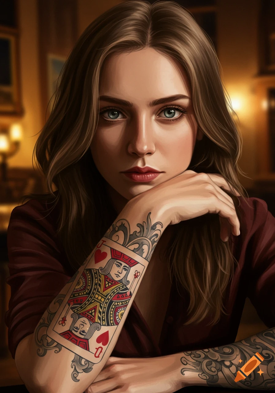 A detailed portrait of a woman with long brown hair and blue eyes, looking intently at the viewer, with a large Jack of Hearts playing card tattoo on her forearm.