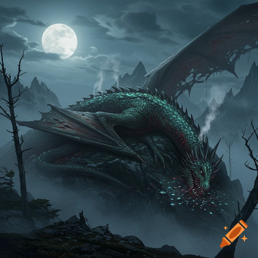 A large green dragon, appearing injured or dead, lies on a rocky mountain under a full moon in a dark, misty fantasy landscape.
