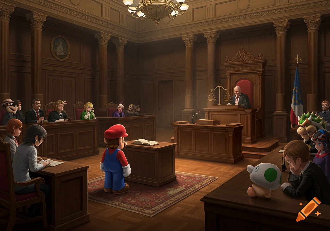Mario stands in a grand, wood-paneled courtroom, facing a judge, with various video game and cartoon characters observing.