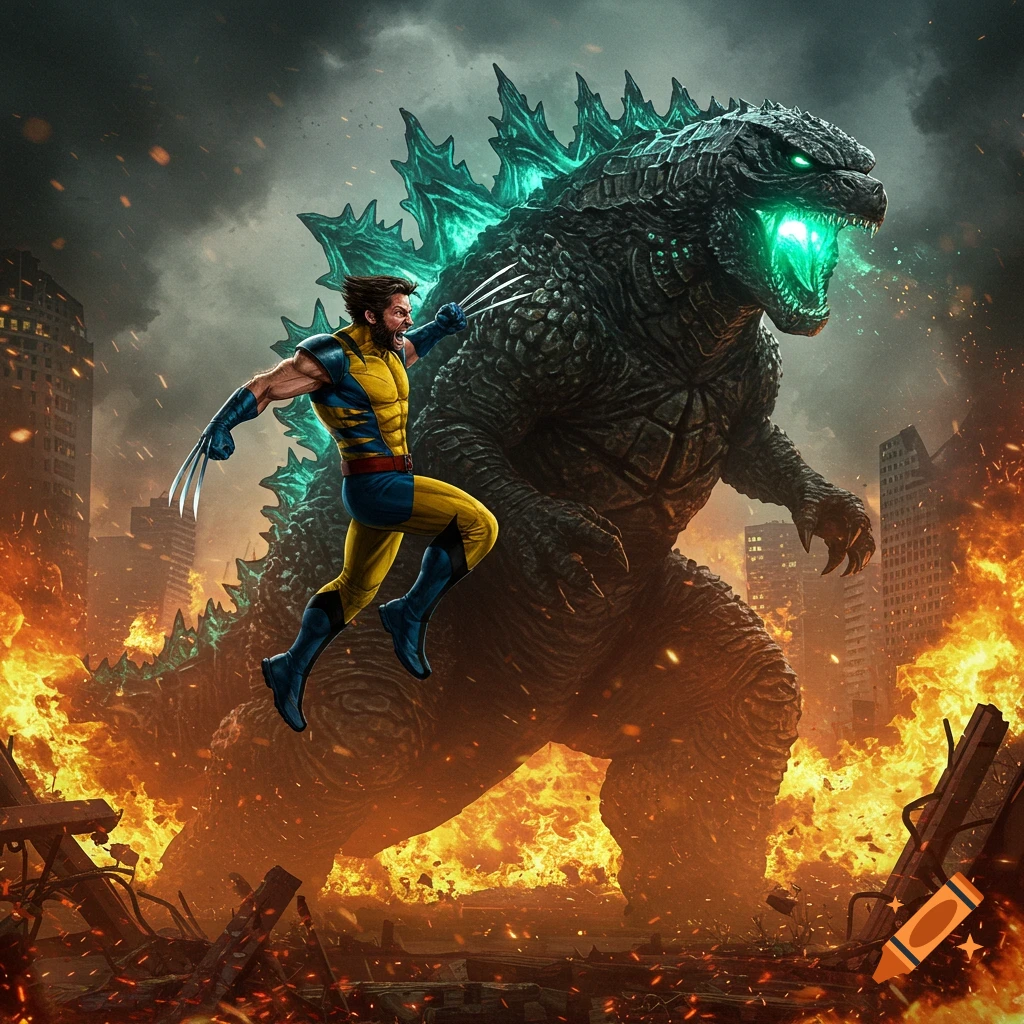 Wolverine leaps forward with claws extended, confronting Godzilla amidst a burning, ruined city in a comic book style.