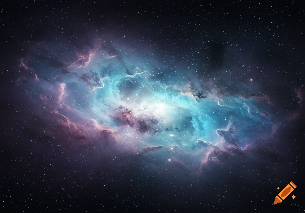 A vibrant nebula with swirling clouds of blue and pink gas, illuminated by a bright central light source, surrounded by countless stars in deep space.