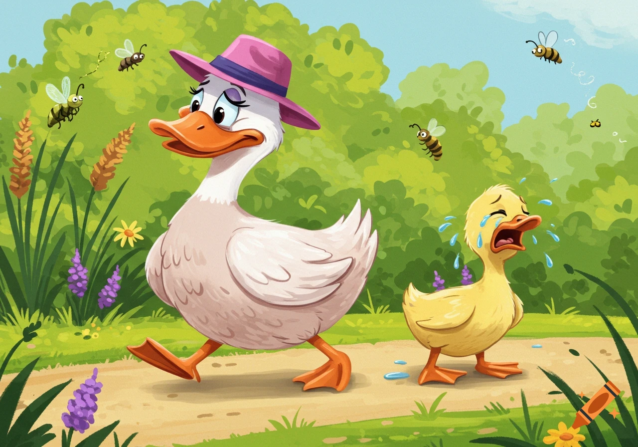 A confident mother duck in a pink hat walks away from a crying yellow duckling in a lush green outdoor scene.