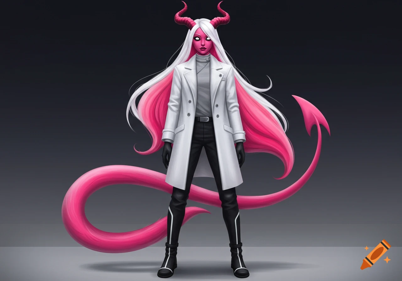 A demon-like woman with pink skin, horns, and tail, white and pink hair, glowing white eyes, wearing a white lab coat, black pants, and boots, standing against a gray background.