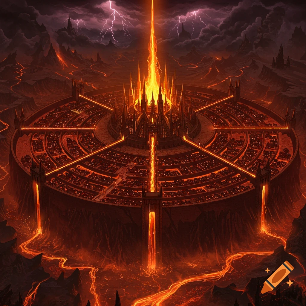 A detailed fantasy city built in a circular, fortified design, surrounded by lava flows and lightning, in a hellish landscape.