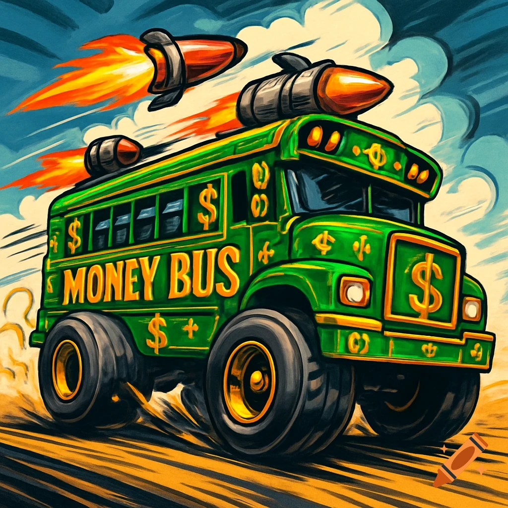 A cartoon green 'Money Bus' with dollar signs, oversized wheels, and rocket boosters speeds through a race.