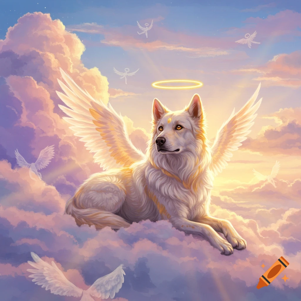 A majestic white wolf with golden wings and a halo lies peacefully on fluffy clouds in a vibrant, ethereal sky with smaller angelic figures.