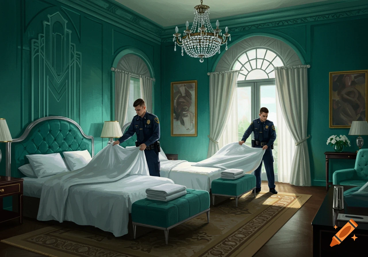 Two police officers in a luxurious teal hotel room making two beds.