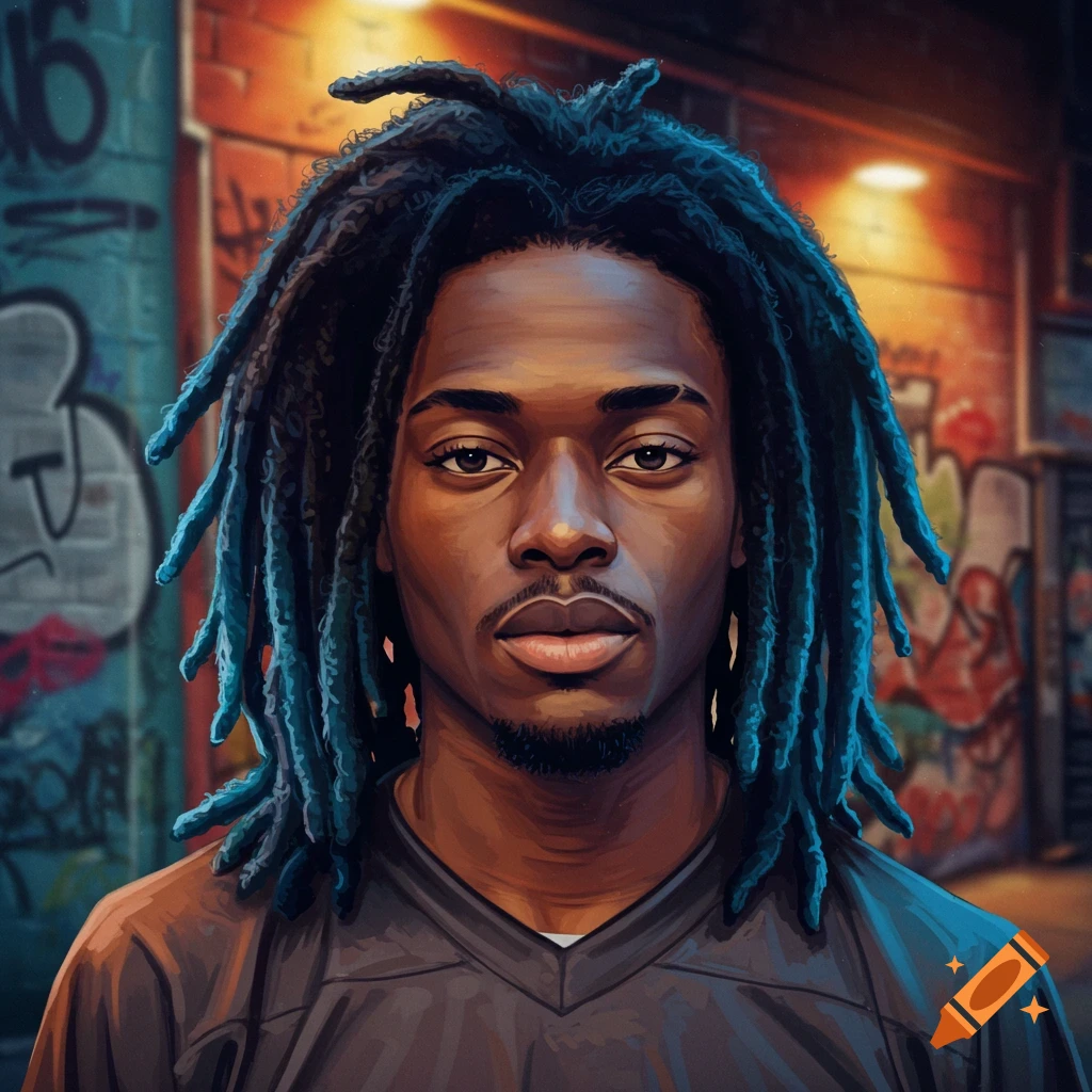 A man with dark skin, a mustache, and blue-tipped dreadlocks stares forward against a graffiti-covered brick wall.
