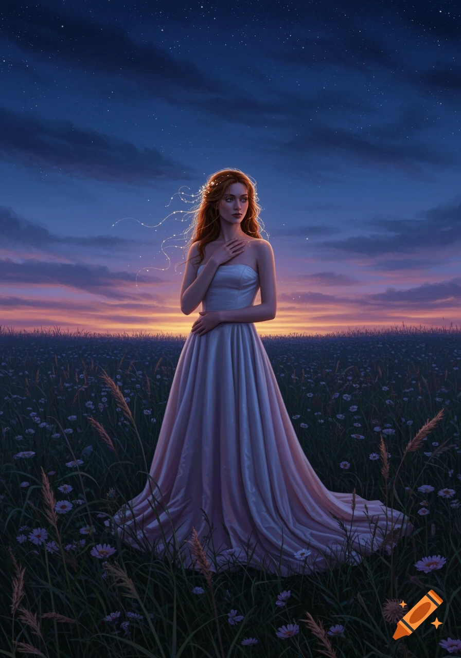 A woman with long red hair in a white dress stands in a moonlit field of flowers at dusk under a starry sky.