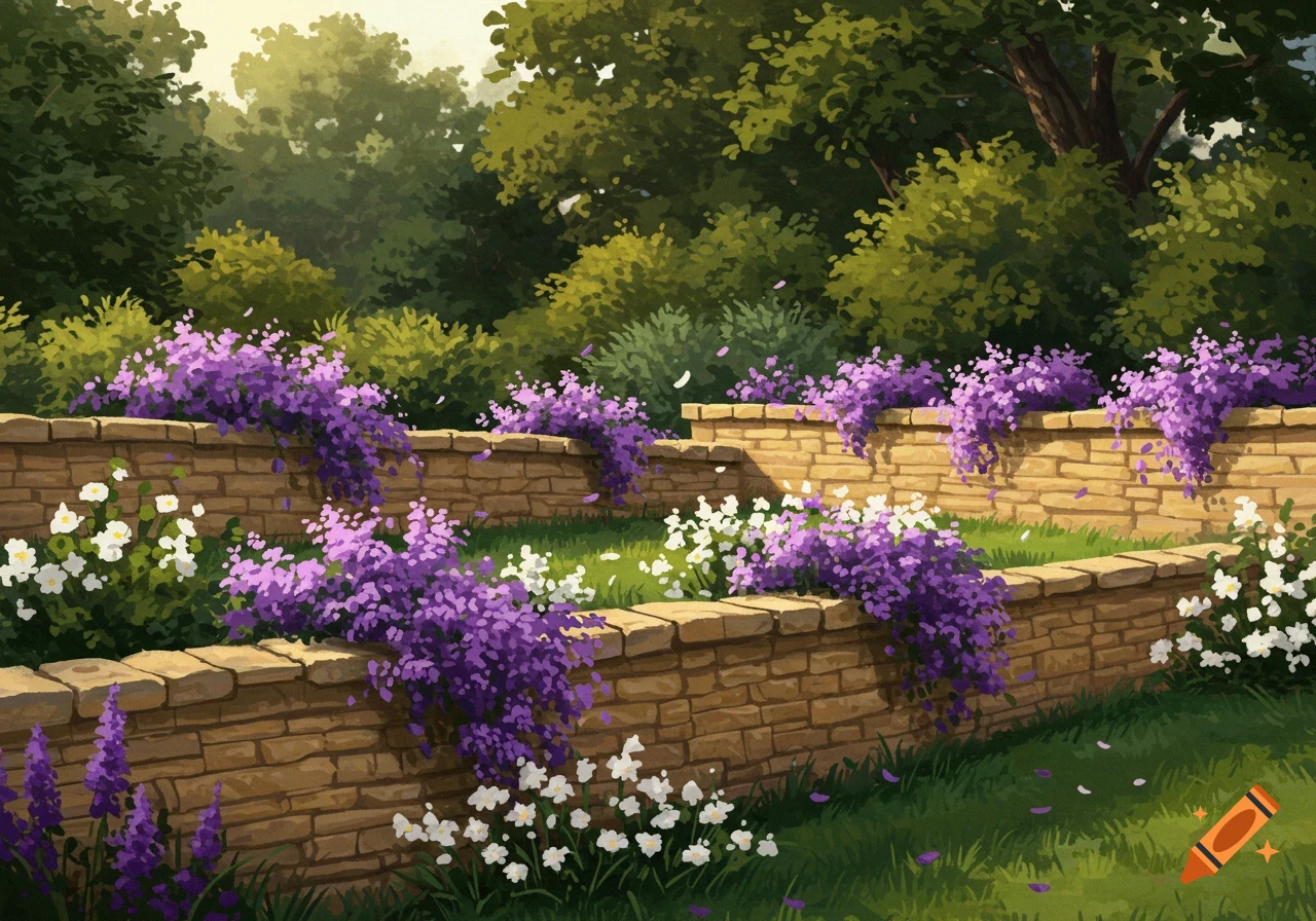 Painterly English garden with stone walls, cascading purple and white flowers, and green trees under a sunny sky.