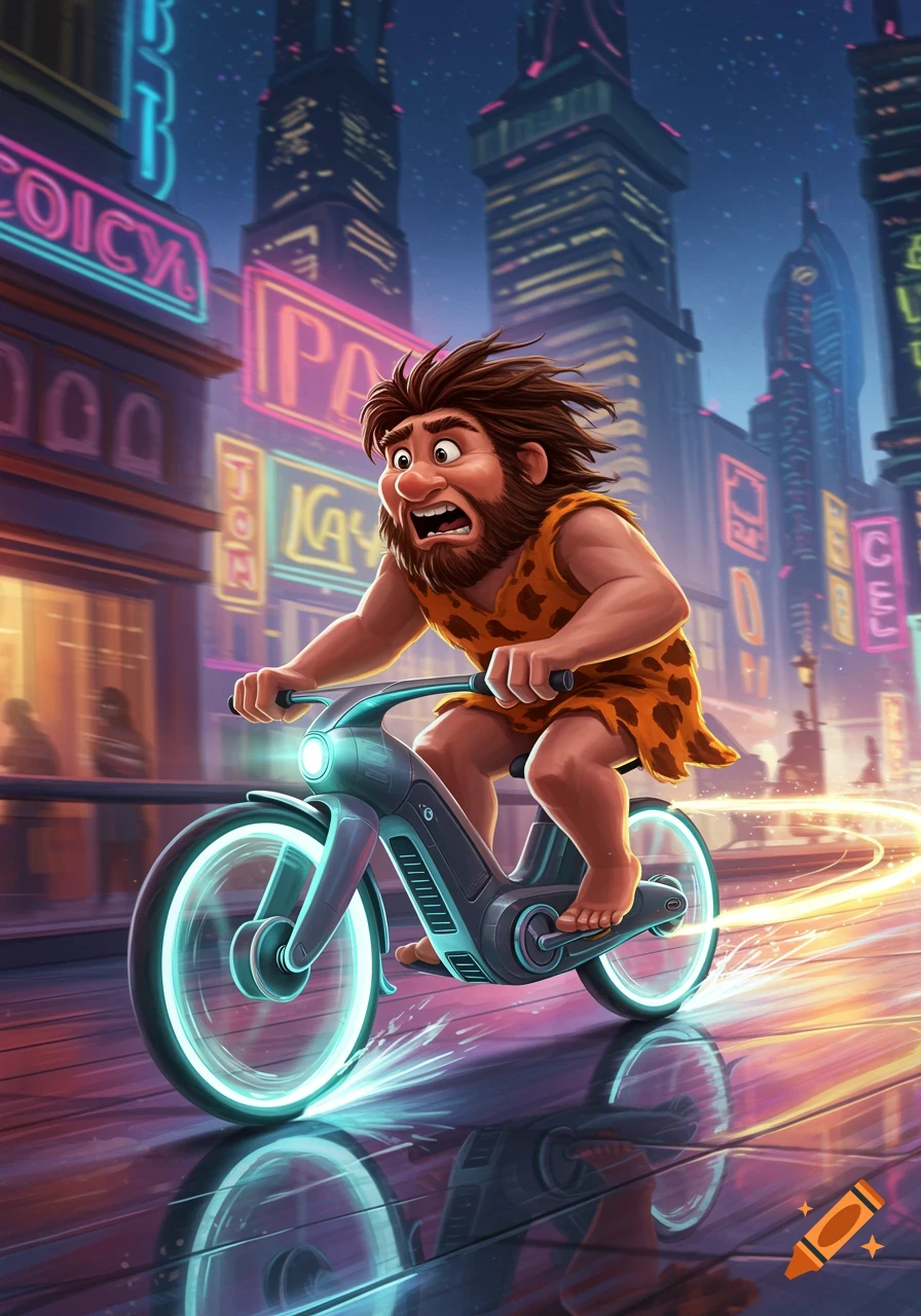 Cartoon caveman rides a futuristic electric bike through a neon-lit city at night, in Disney style.