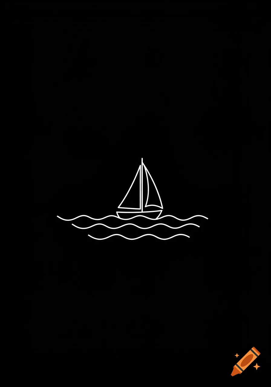 Simple white outline drawing of a sailboat on waves against a black background.