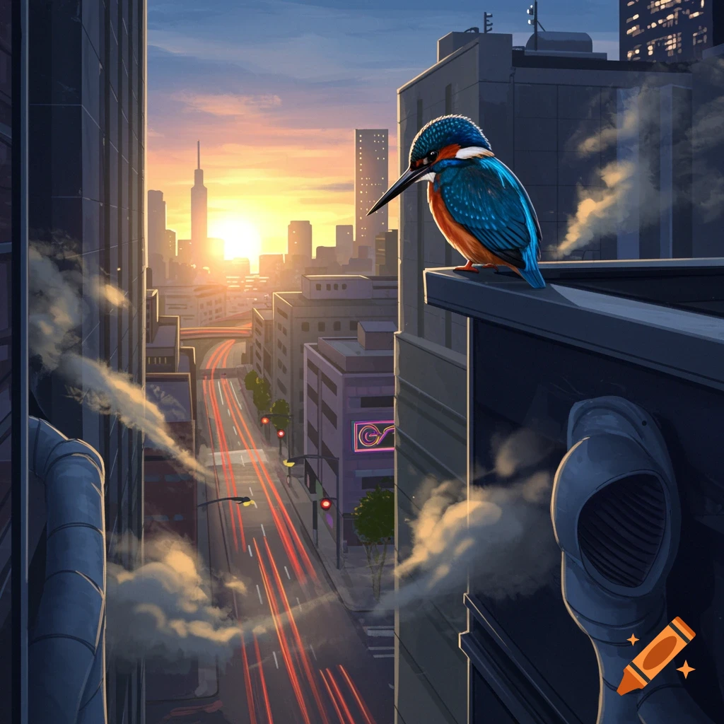 A detailed illustration of a blue and orange kingfisher perched on a skyscraper ledge, overlooking a bustling city street at sunset with long light trails from cars.