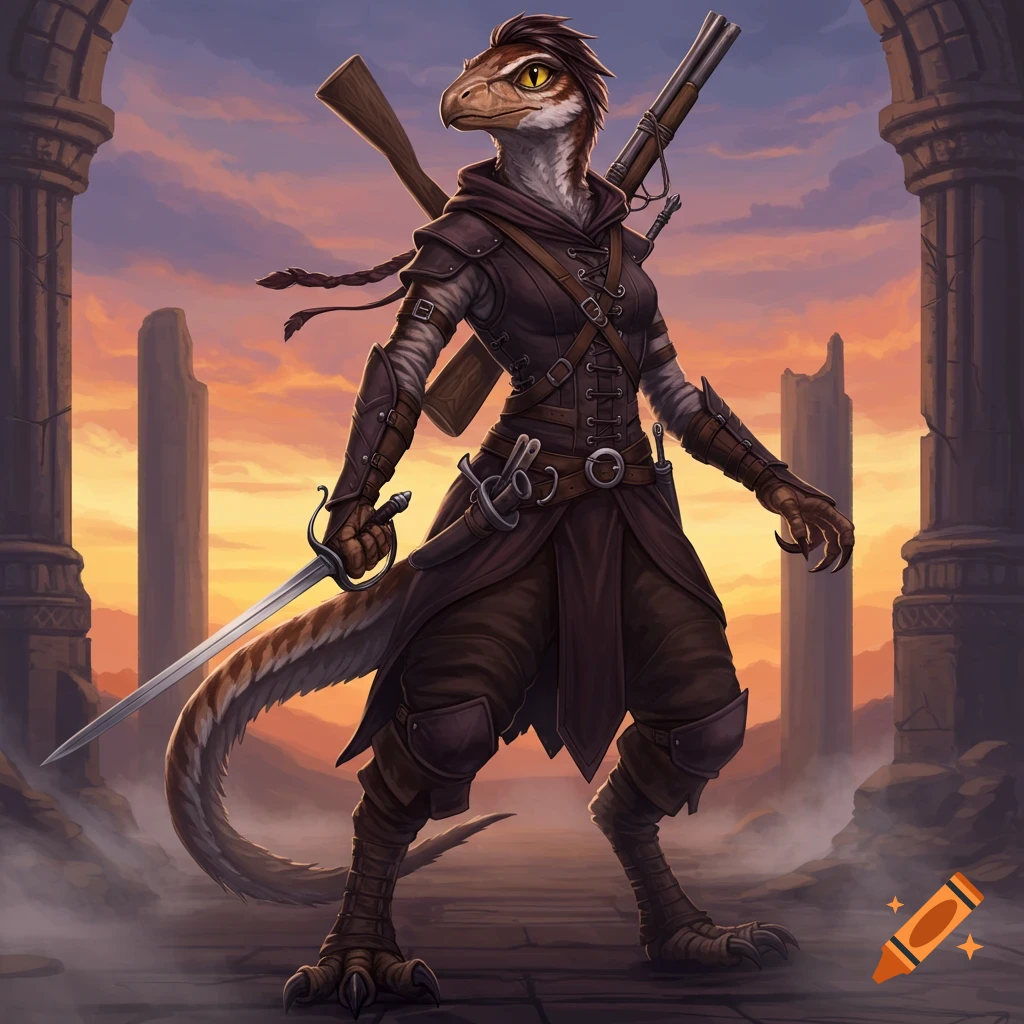 A raptor-like humanoid in dark rogue clothing holds a sword, with a rifle on its back, standing among ruins at sunset.