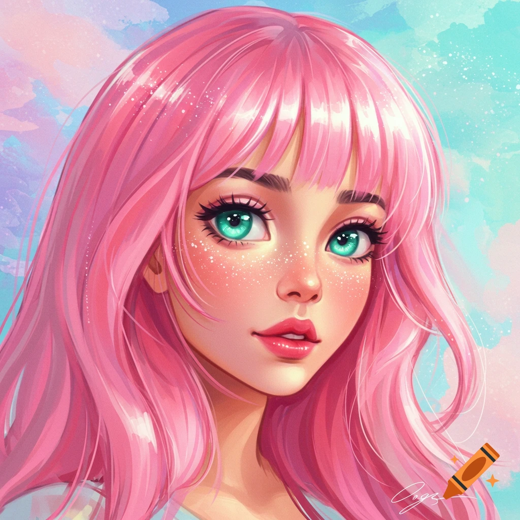 Stylized anime girl with long pink hair, bangs, big green eyes, and freckles, against a pastel sky.