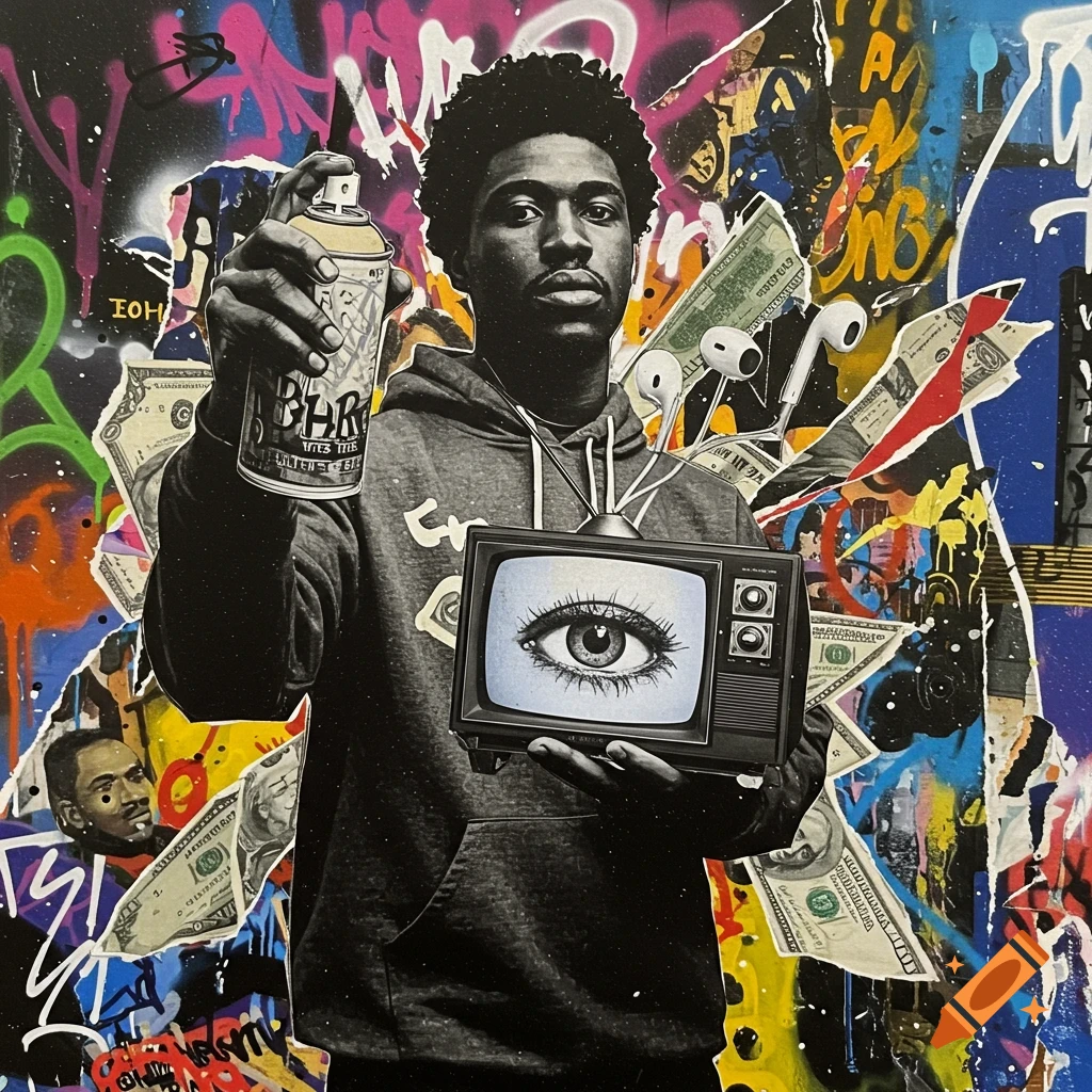 A man in a monochrome hoodie holds a spray can and a TV with an eye, surrounded by colorful graffiti, money, and earbuds in a collage.