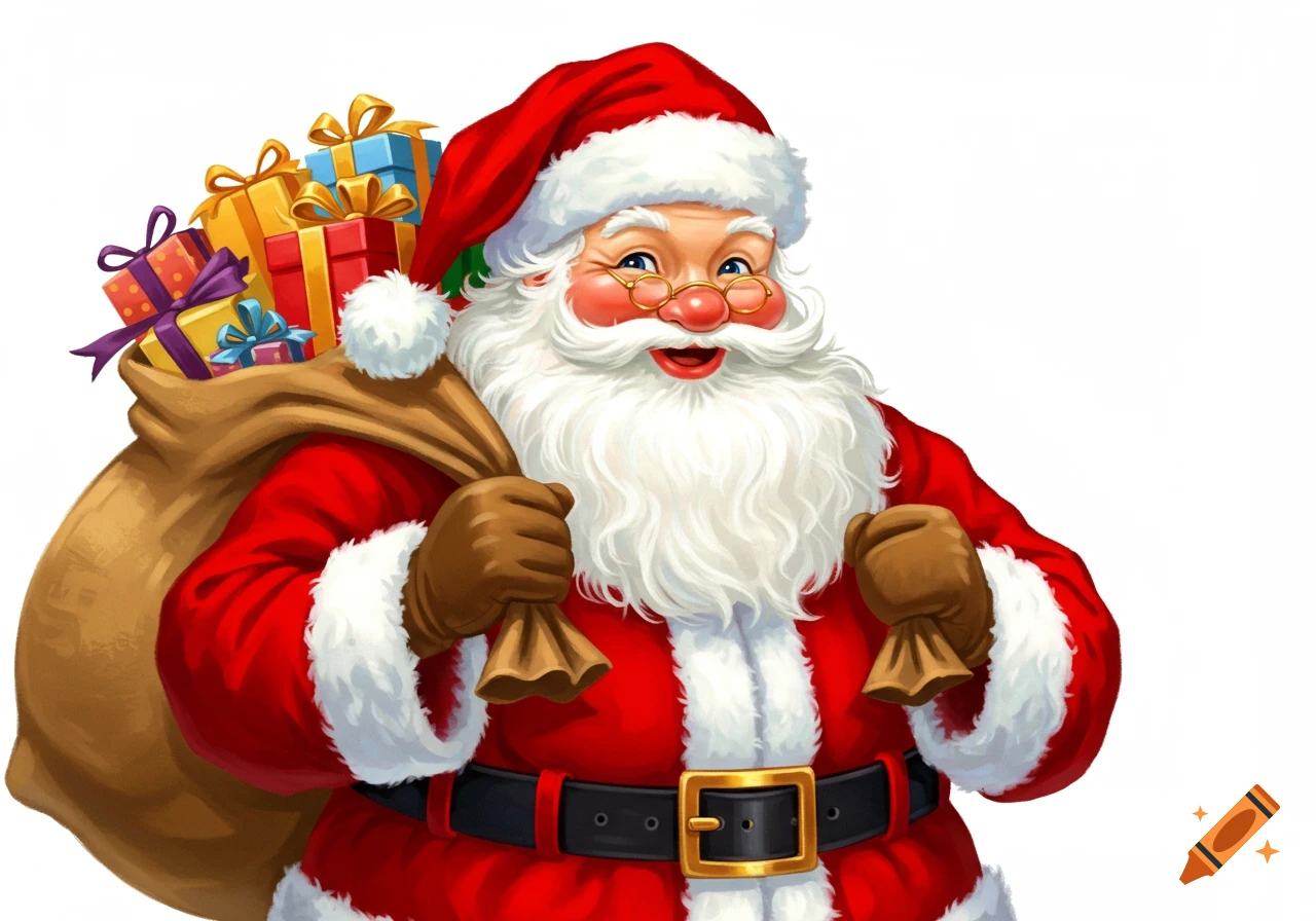 Illustration of Santa Claus with a sack of colorful gifts over his shoulder, smiling against a white background.