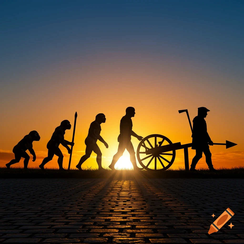 Silhouettes depicting human evolution from ape to man pushing a cart, against a vibrant sunset.