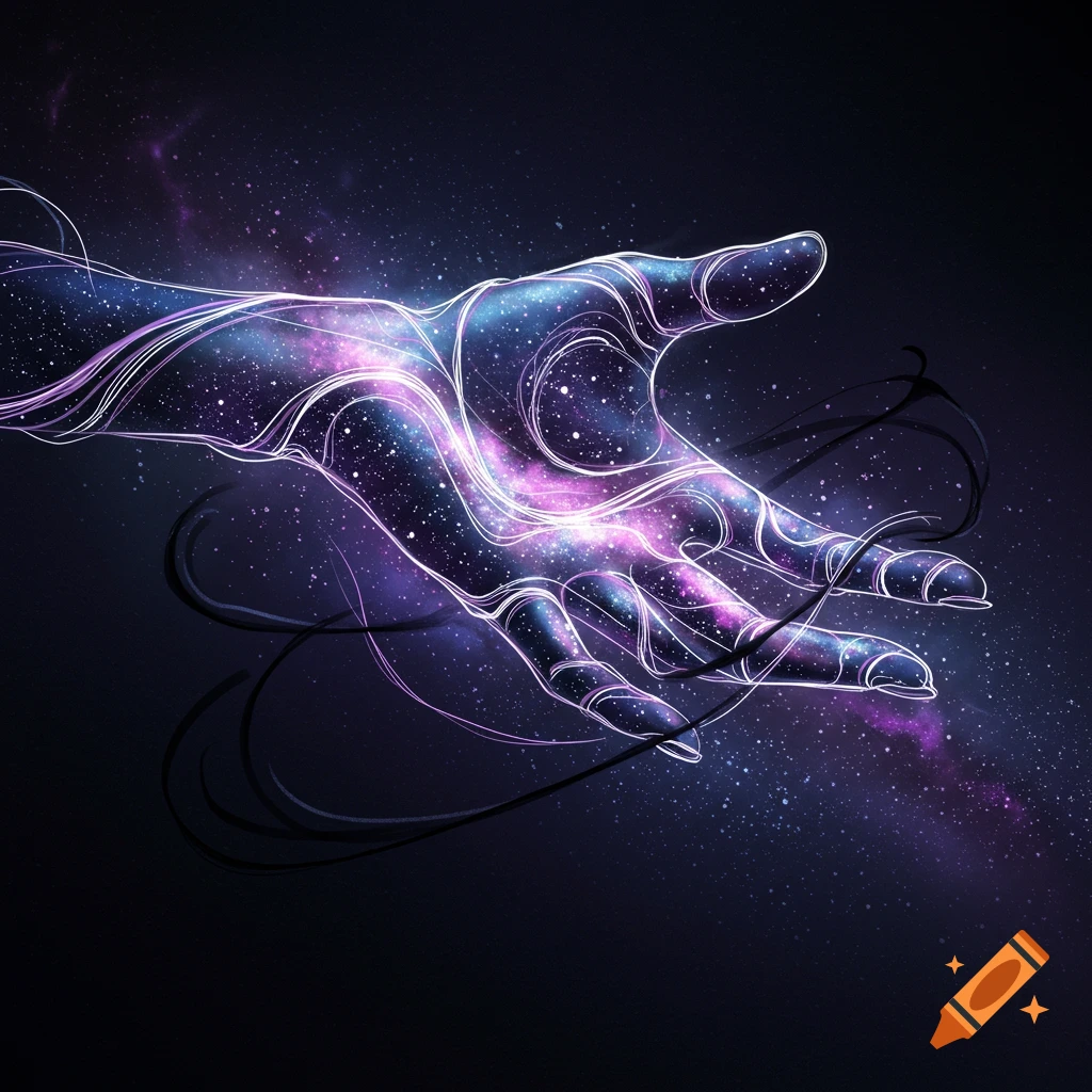 A glowing cosmic hand, filled with purple and blue nebulae and white stars, outlined by bright white lines, against a dark starry background.