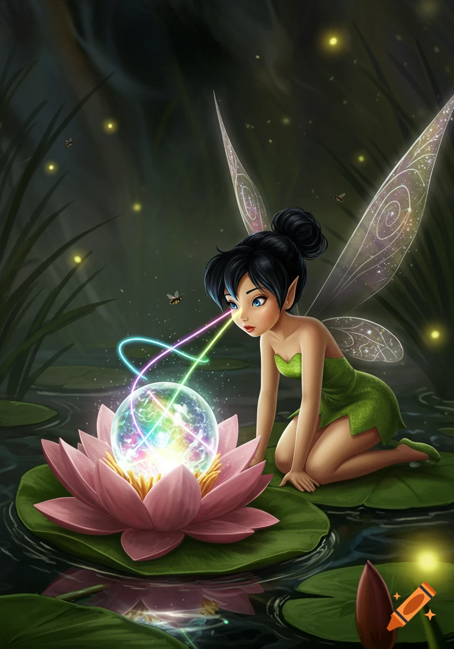 Black-haired Tinker Bell gazes at a glowing crystal ball on a lotus flower in a magical pond at night.