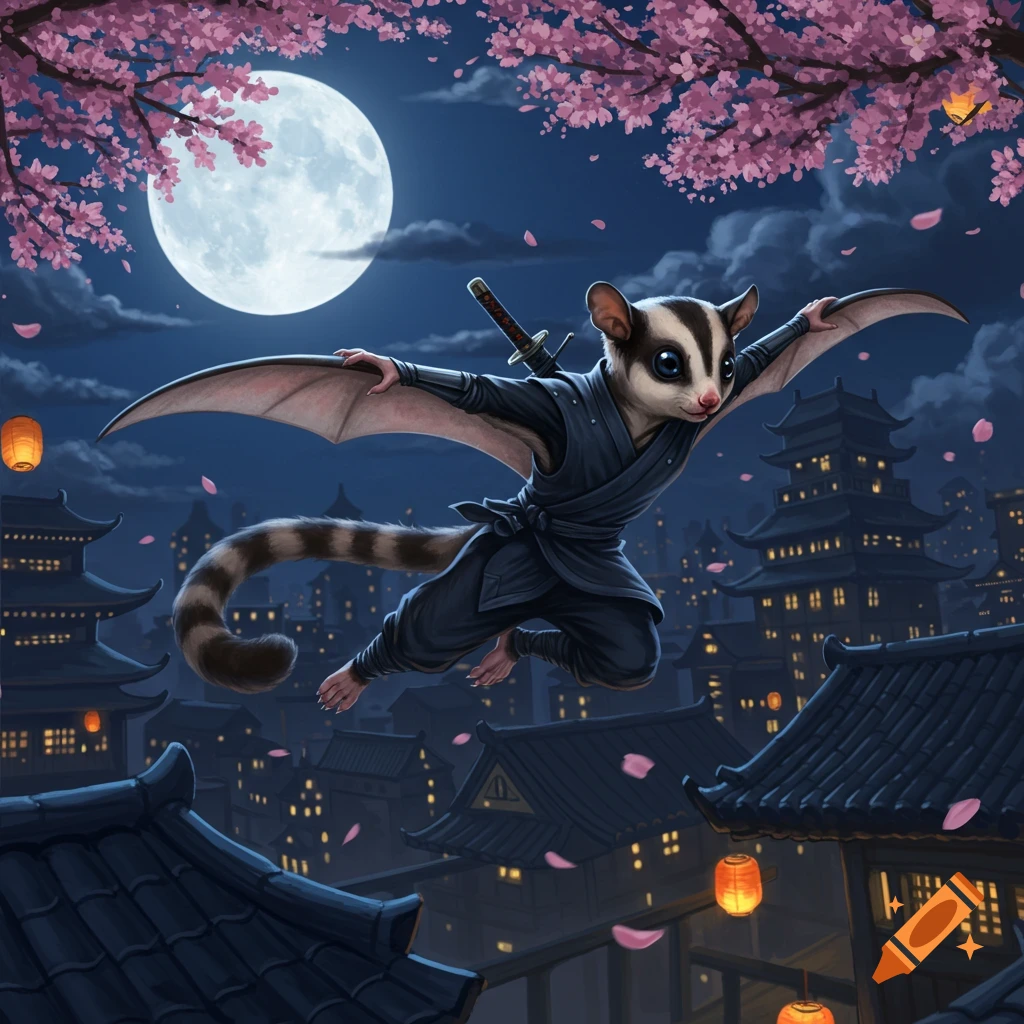 An anthropomorphic sugar glider ninja flies over a Japanese cityscape at night under a full moon with pink cherry blossoms.