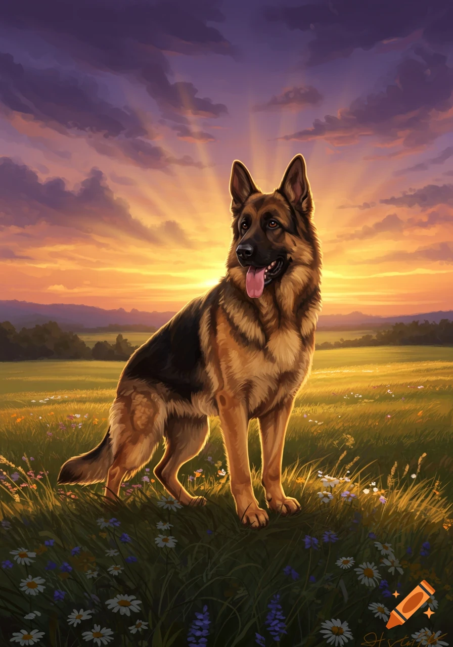 Majestic German Shepherd stands in a field of wildflowers at sunset with sun rays.