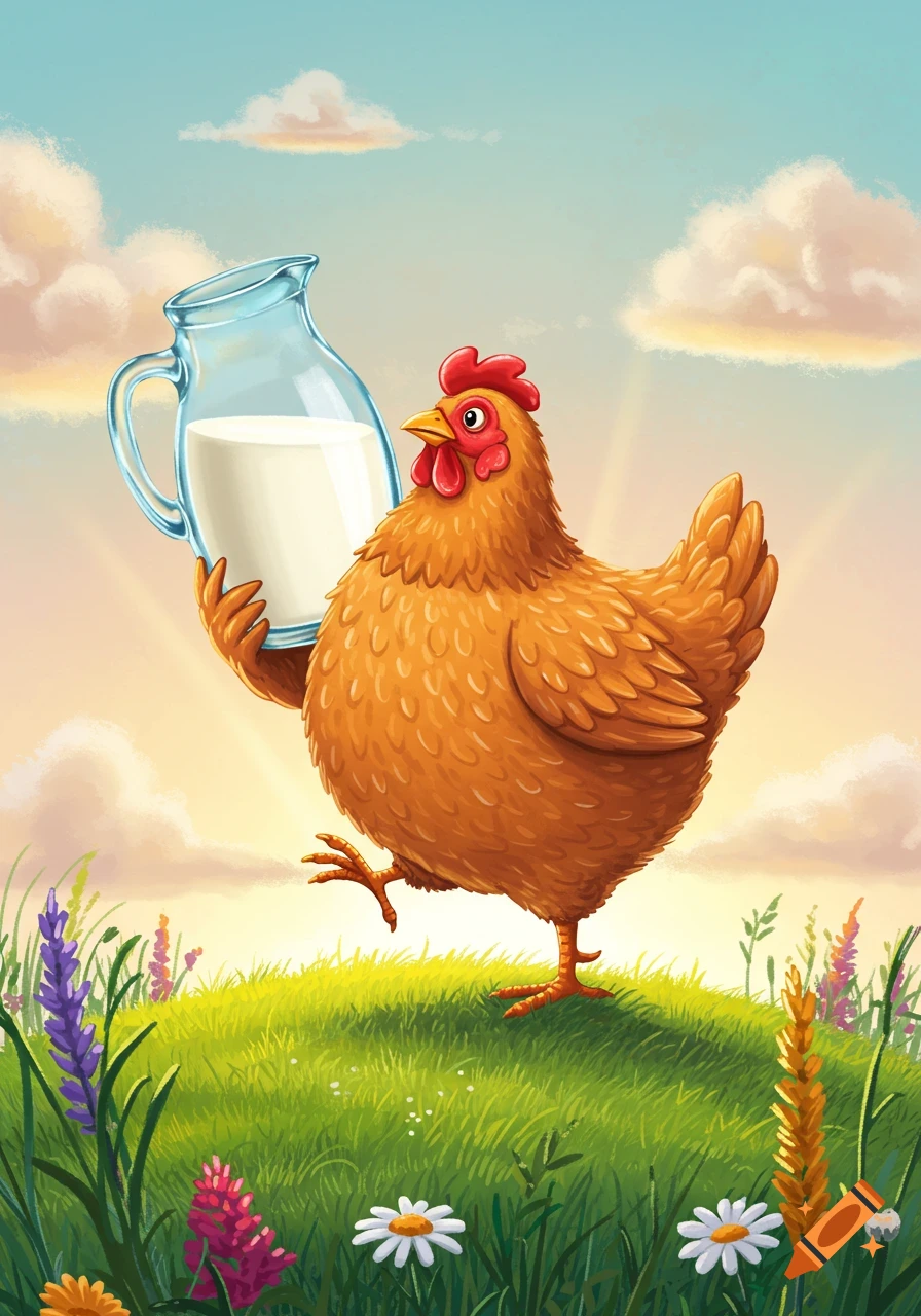 A cartoon chicken stands on a grassy hill, holding a jug of milk, with a sunny sky and clouds in the background.