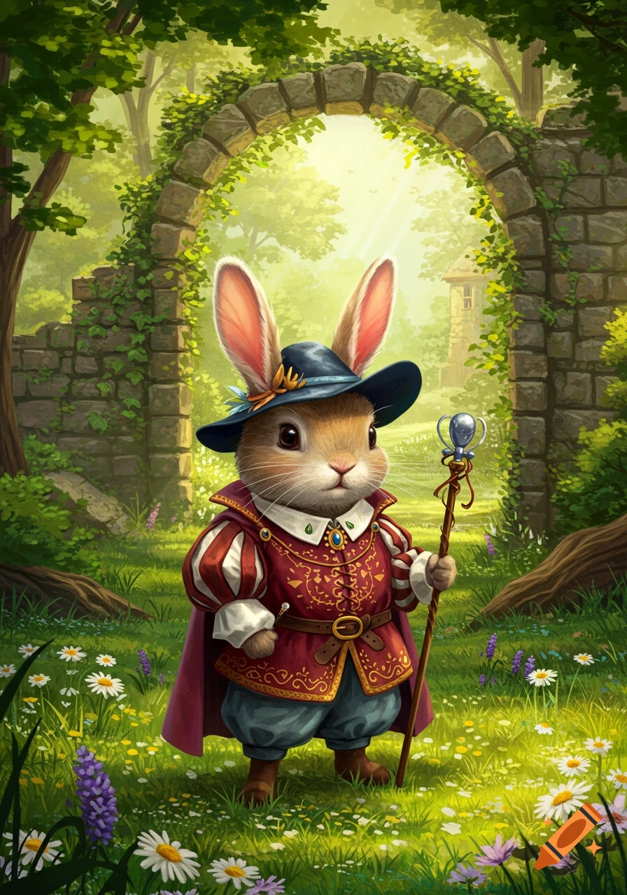 A cute rabbit dressed in a red medieval outfit and a blue hat stands in a lush green field with a stone archway.