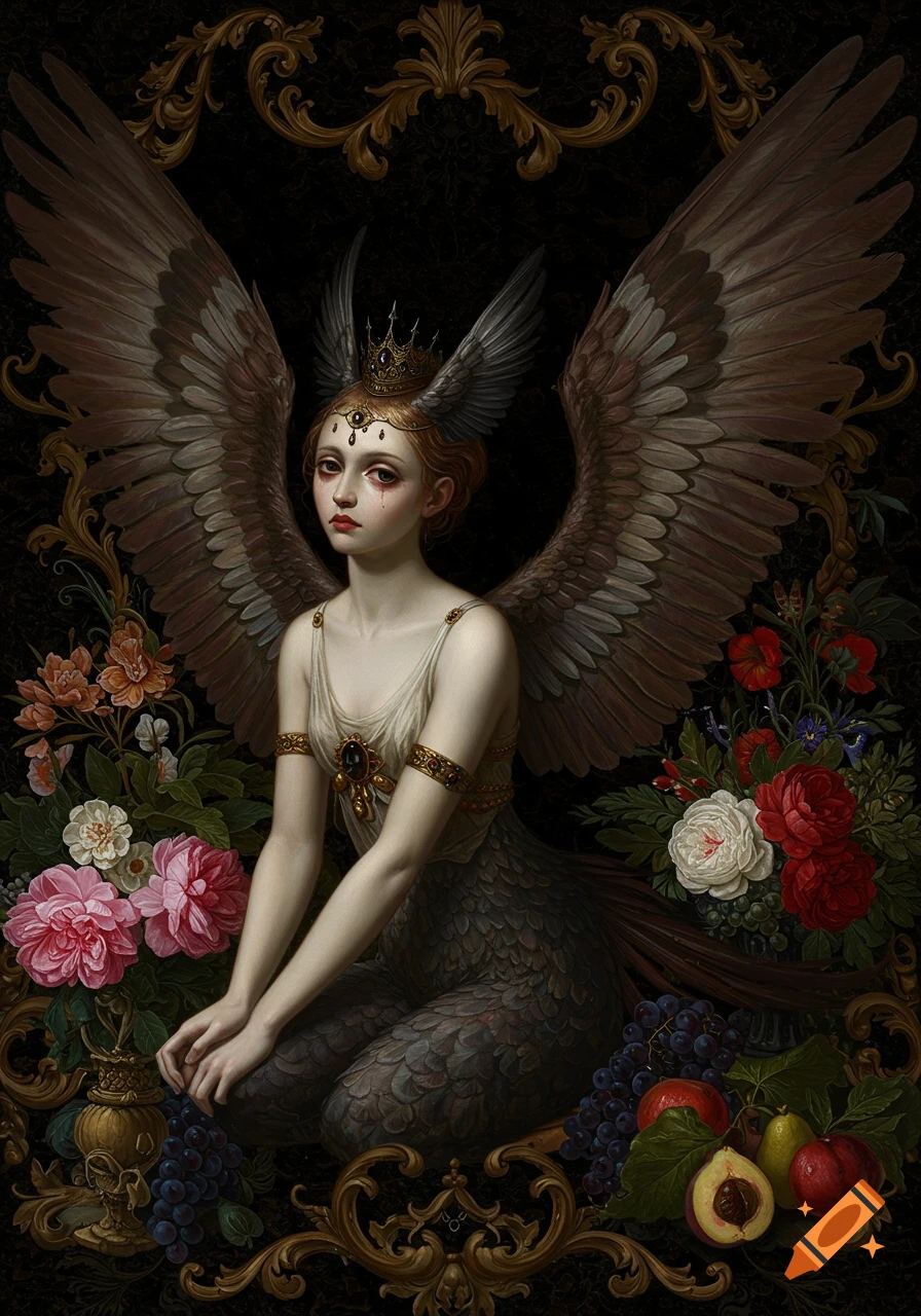 Melancholy harpy woman with large wings and a crown, kneeling amidst colorful flowers and fruit in an oil painting baroque style.