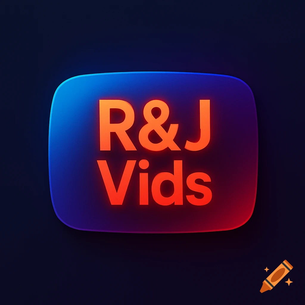 A glowing orange 'R&J Vids' text on a blue and purple gradient YouTube-style logo.
