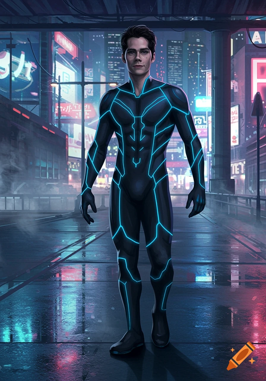 A man in a dark, glowing blue futuristic suit stands on a wet street in a neon-lit cyberpunk city at night.