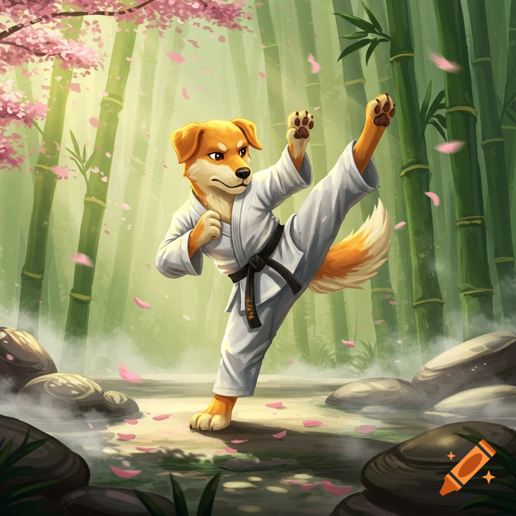 An anthropomorphic dog in a white karate gi with a black belt performs a high kick in a bamboo forest with pink cherry blossoms.
