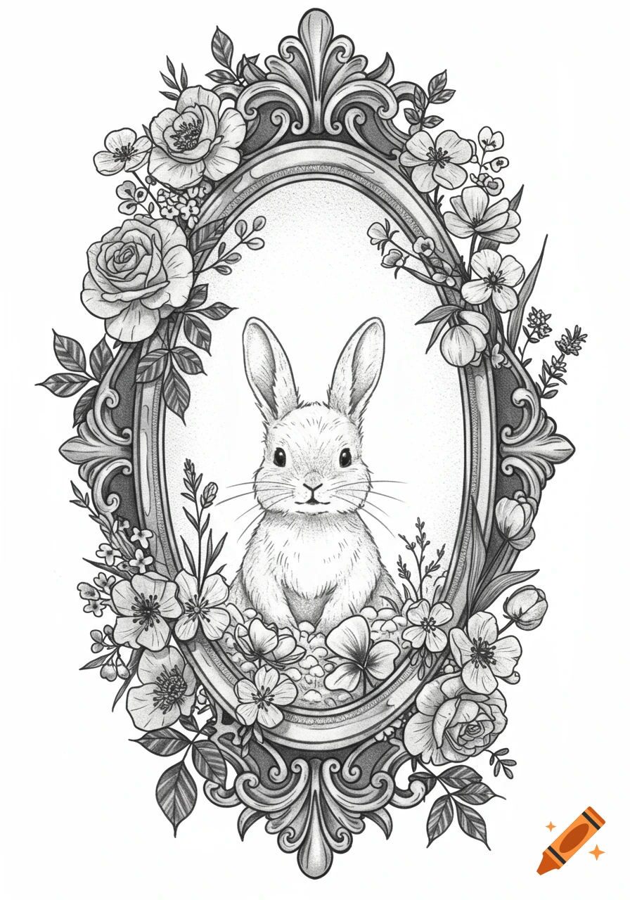 Detailed black and white illustration of a fluffy bunny in an ornate oval frame surrounded by roses, buttercups, tulips, and wildflowers.