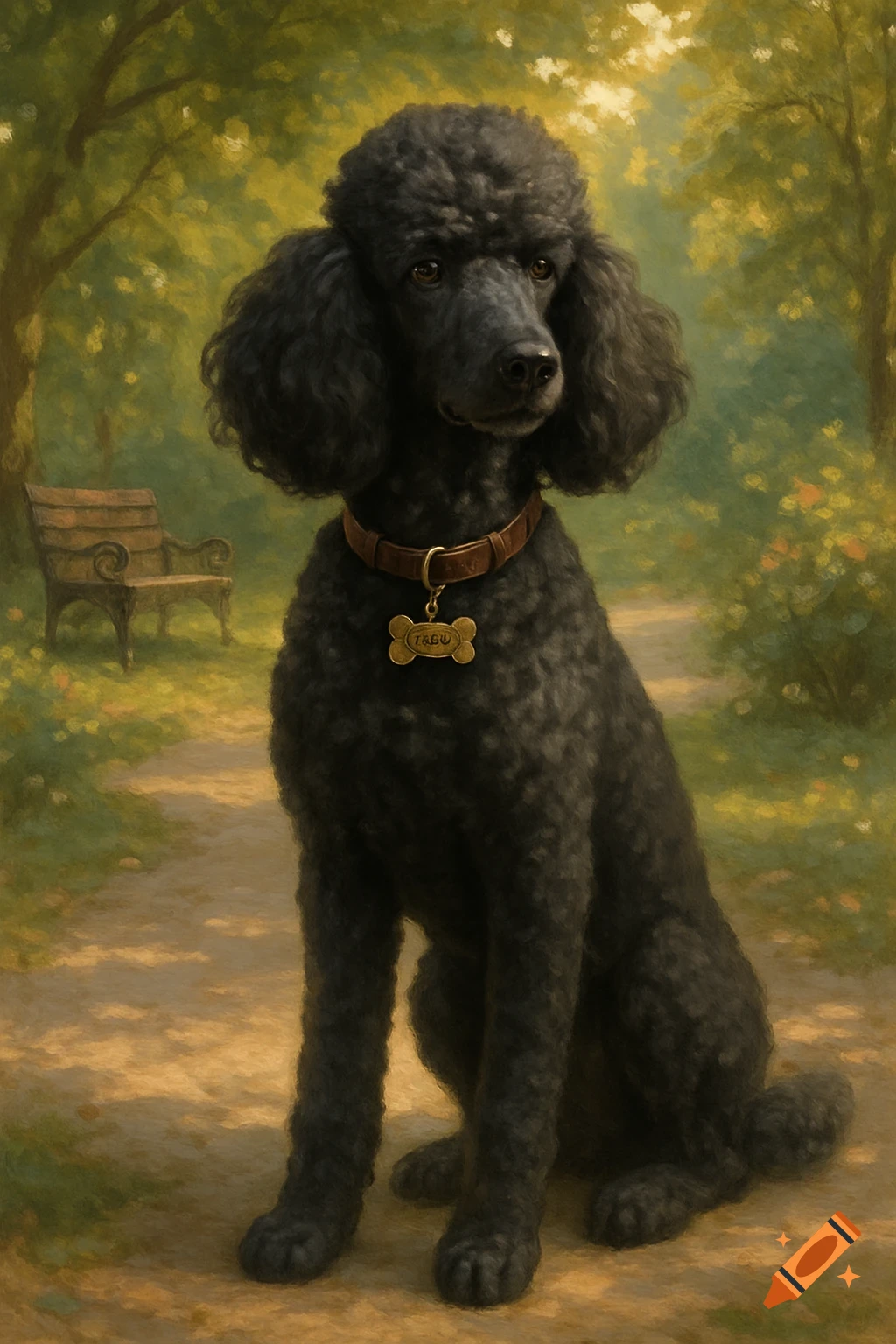 A black poodle sits on a dirt path in a lush green park, depicted in an oil painting style. It wears a brown collar with a bone-shaped tag.