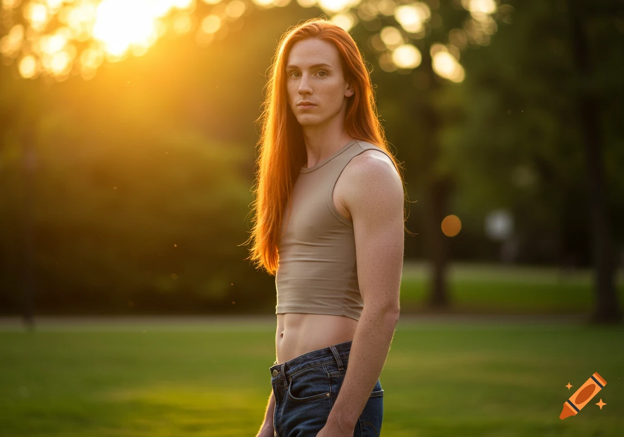 A person with long red hair and an athletic build in a crop top and jeans stands in a park at sunset.