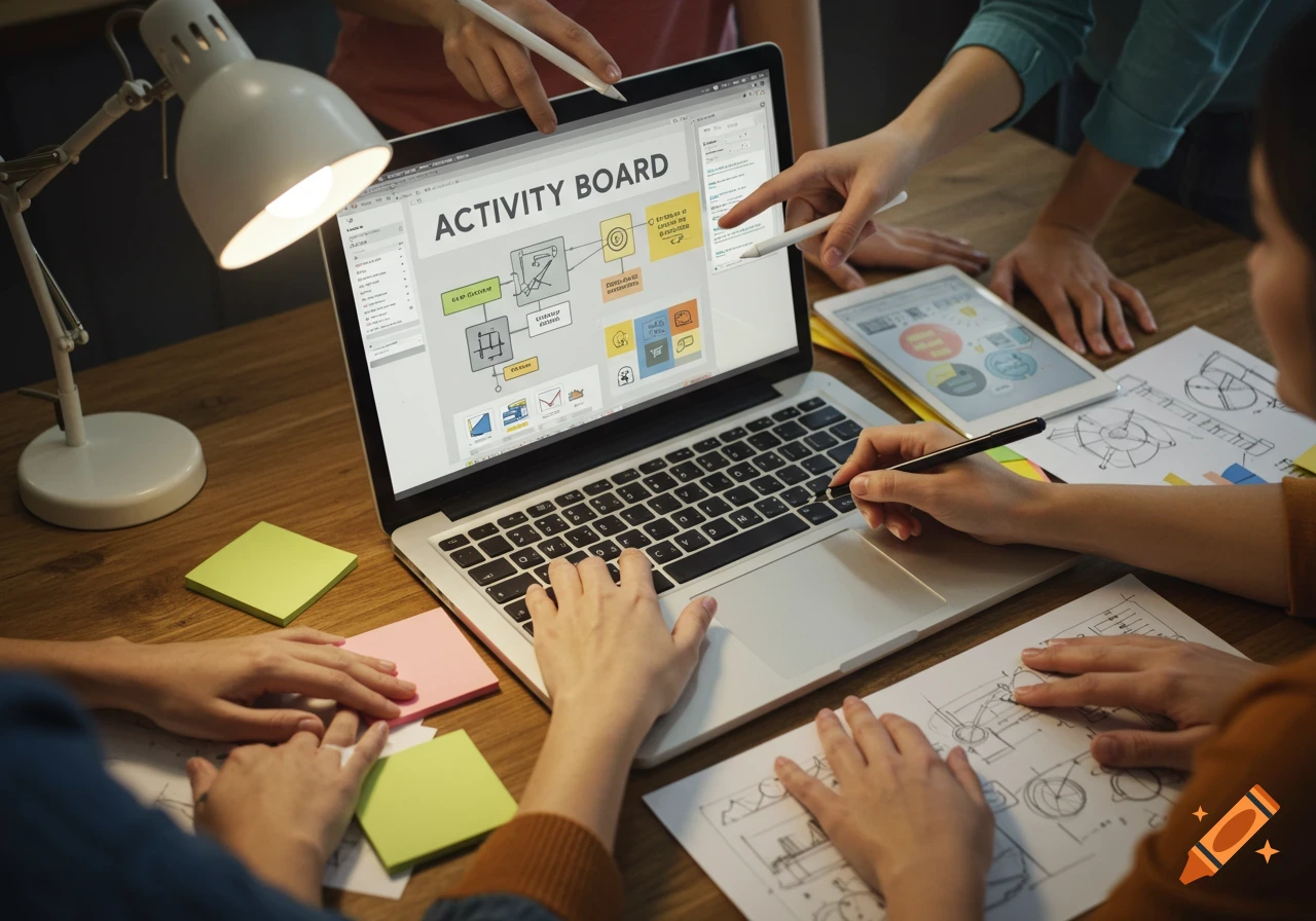 Several people collaborate around a laptop displaying a diagram titled 'ACTIVITY BOARD', alongside other work documents and a tablet.