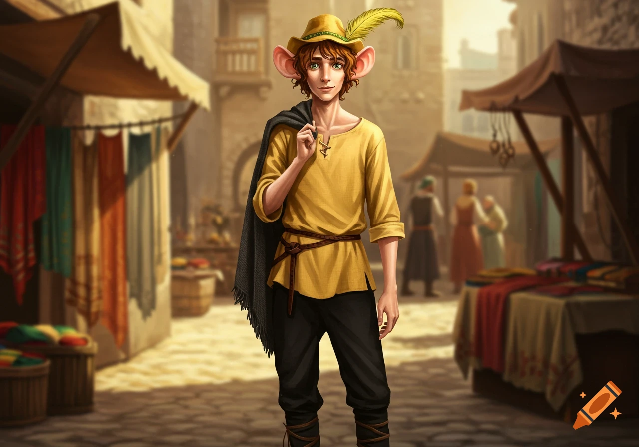 A lanky man with large rat ears, a yellow tunic, and a black cloak stands in a medieval market.