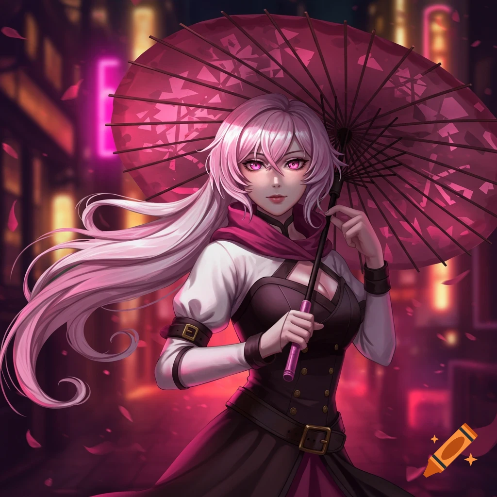 An anime-style woman with long pink hair and glowing pink eyes holds a pink umbrella, standing in a neon-lit city street.