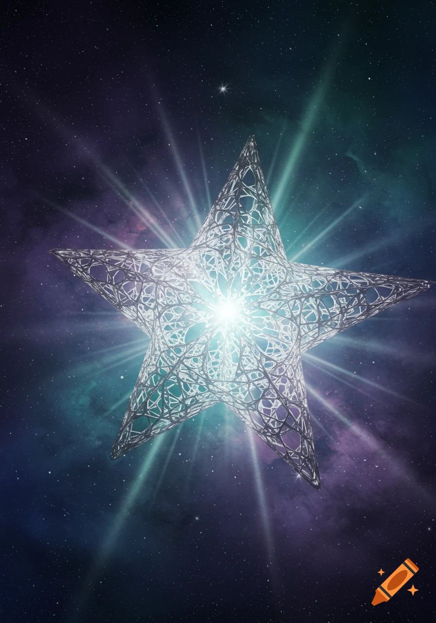 A luminous, skeletal star structure glowing brightly against a backdrop of a colorful nebula and scattered stars.