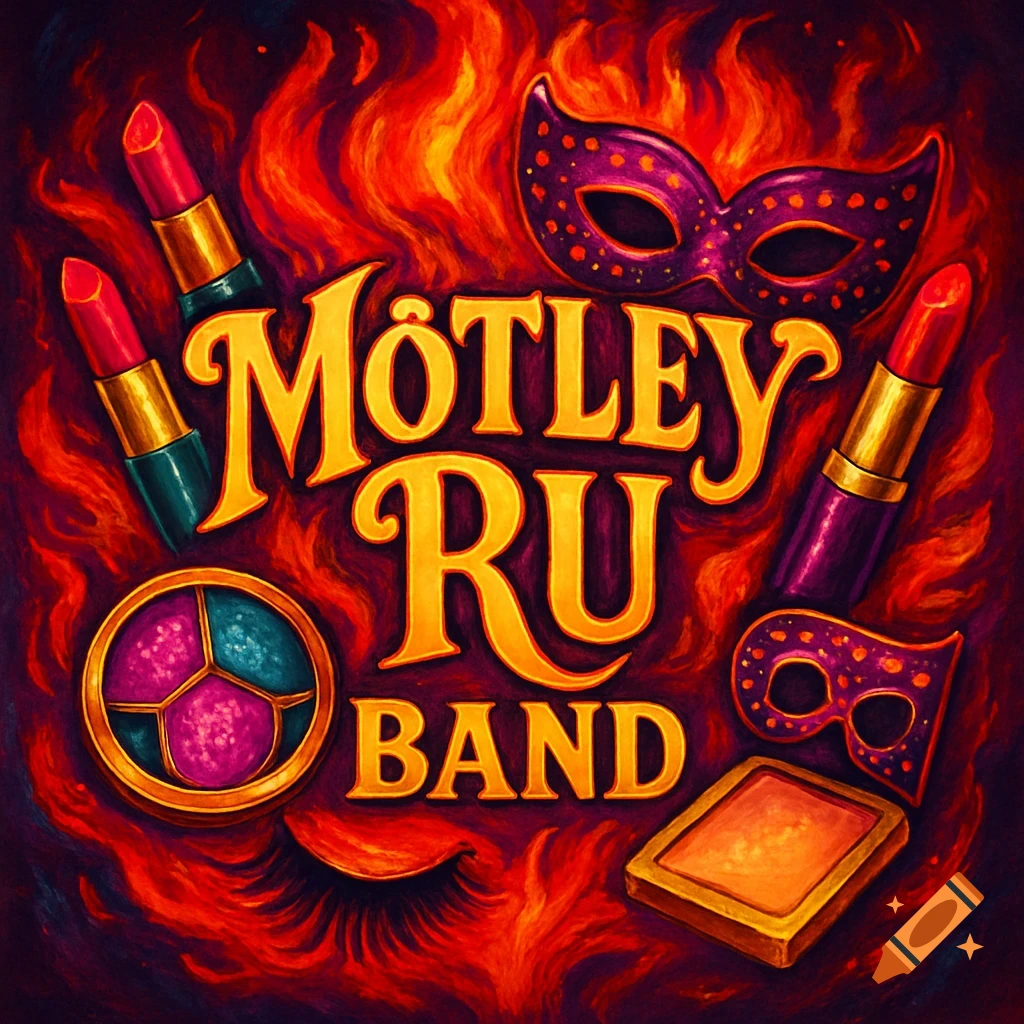 A vibrant band logo with Mötley Ru Band in ornate gold text, surrounded by lipsticks, masquerade masks, and makeup on a fiery background.